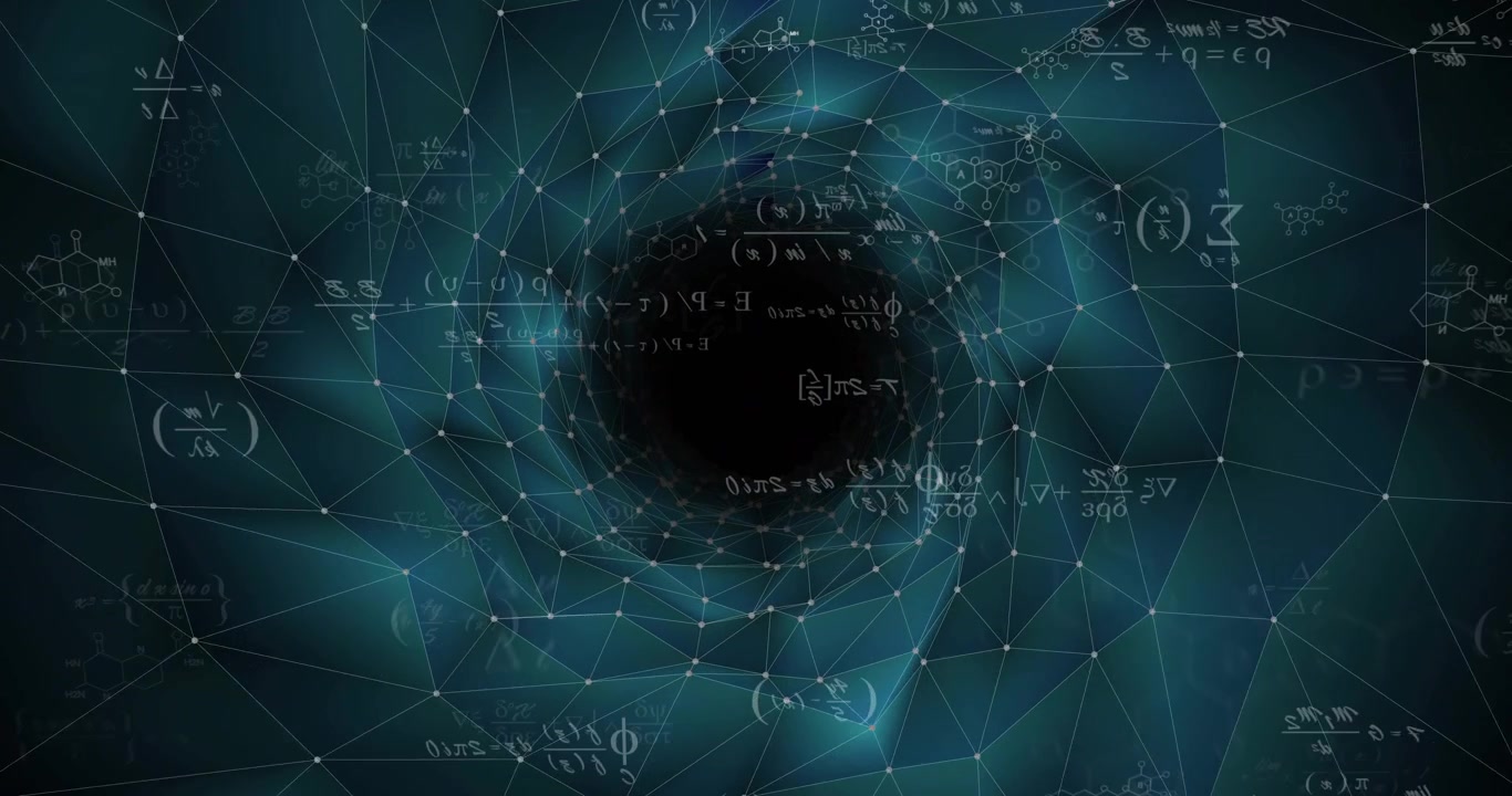On data pulse central dark void spiraling inward, mesh folding, formulas drifting visualizing data