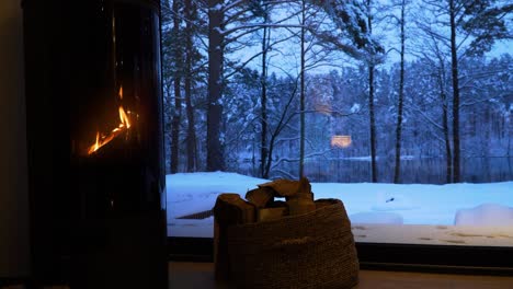 beautiful view of snow-covered trees in the forest and the lake through the window of a house with a burning fireplace in cold winter evening