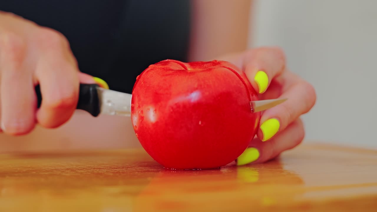 Vivid close up, woman slicing fresh ripe tomato in slow motion cinematic ad shot