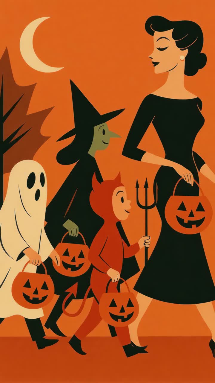 Retro-style illustration of a family in Halloween costumes, captured from a side angle