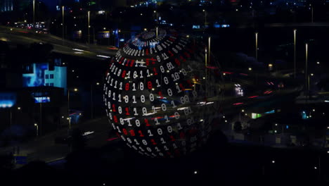 animation of globe with binary coding and data processing over cityscape