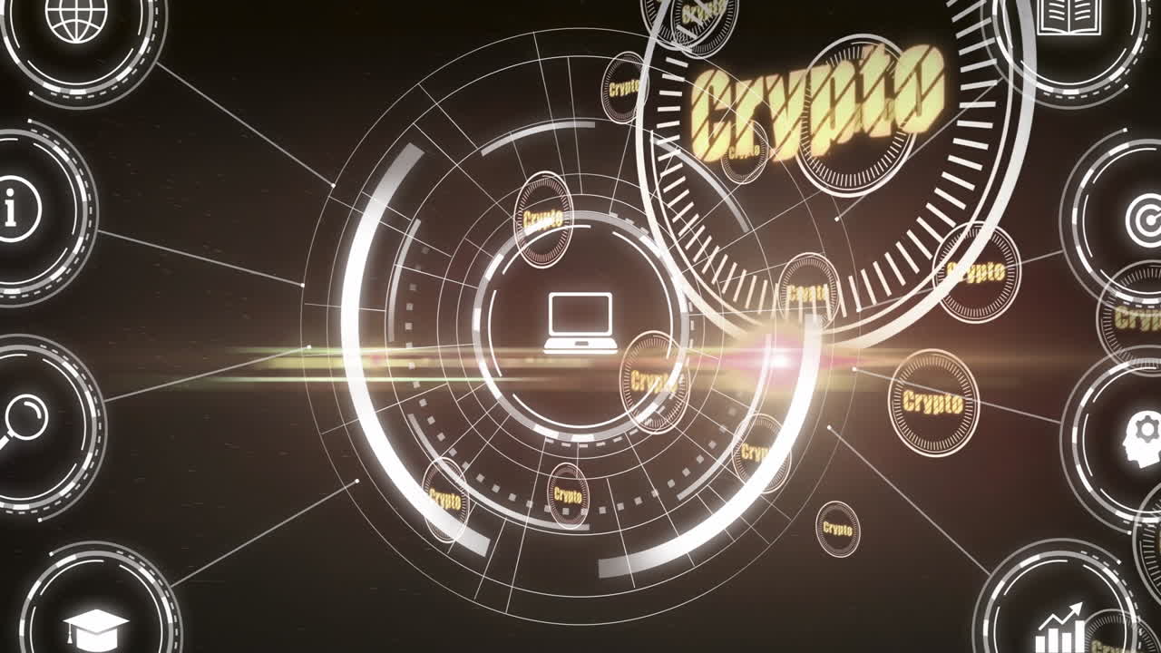 Crypto text and computer icon in circular design with futuristic animation