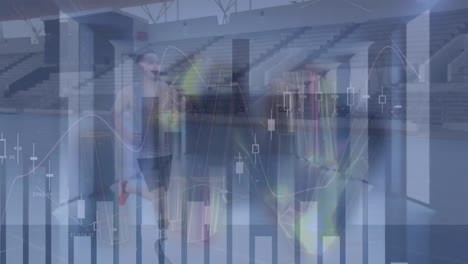 animation of financial data processing over man running and empty office