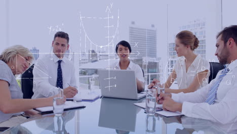 Meeting in office, business team discussing with animation of equations on window