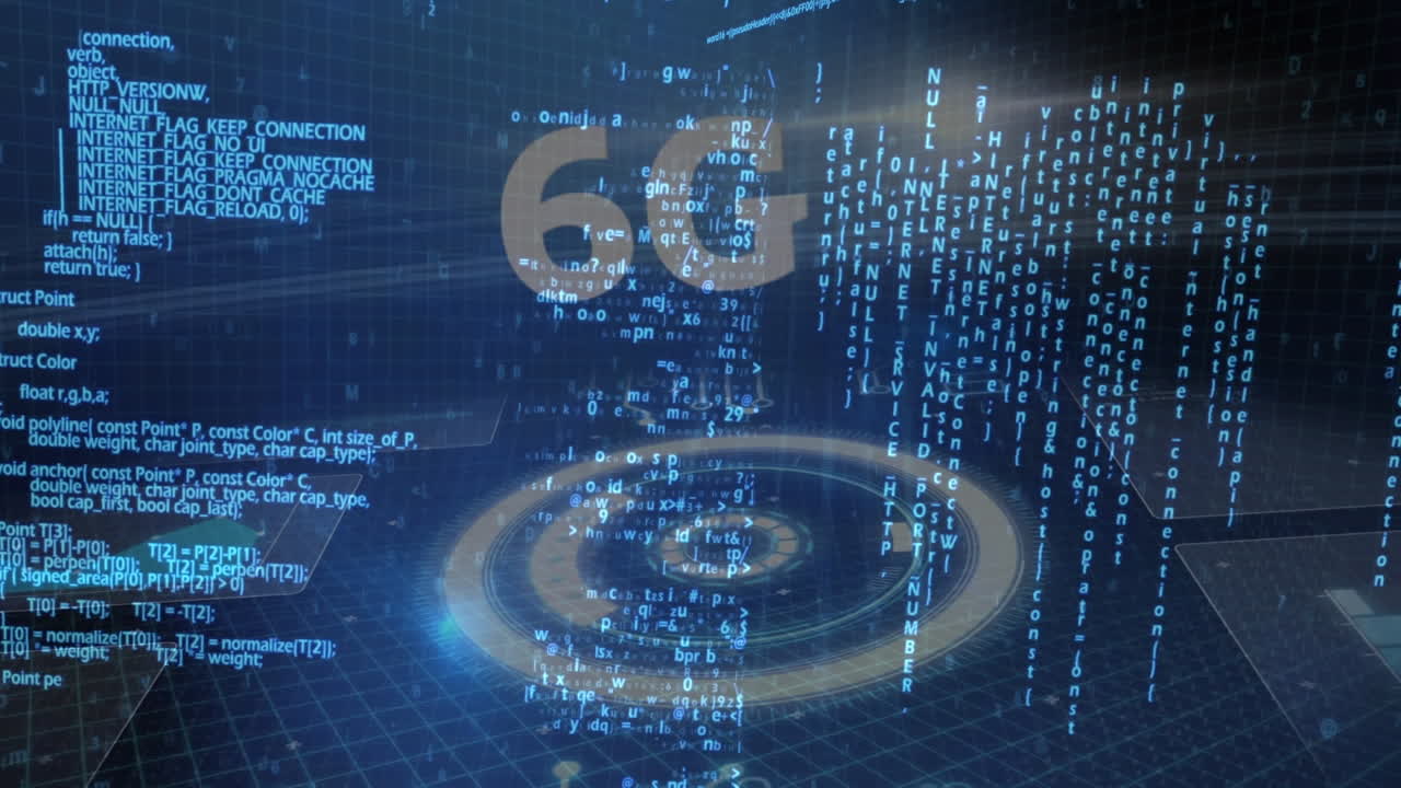 Animation of 6g text and glowing information moving on dark background