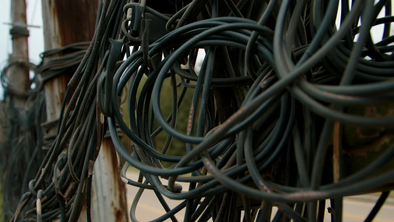 Close-up of Tangled Electrical Wires on Utility Poles