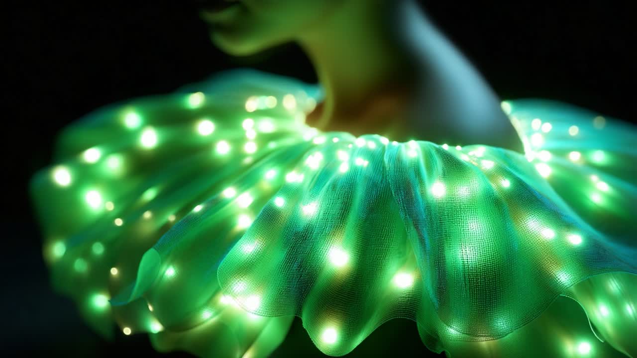 A mesmerizing display of fashion artistry featuring an illuminated green tutu with twinkling lights, capturing the essence of modern dance and elegance through vibrant textures and innovative design