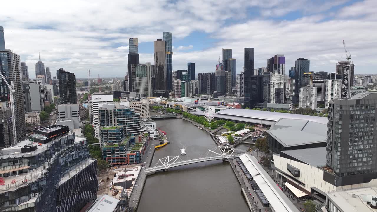 Melbourne, Victoria, Australia - A Vibrant Urban Landscape Along the Yarra River - Aerial Pullback Shot