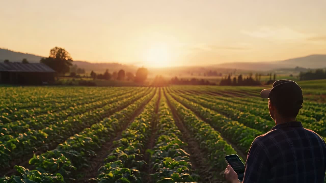 A farmer with a tablet surveys a vast field at sunset. The video captures a rear view angle