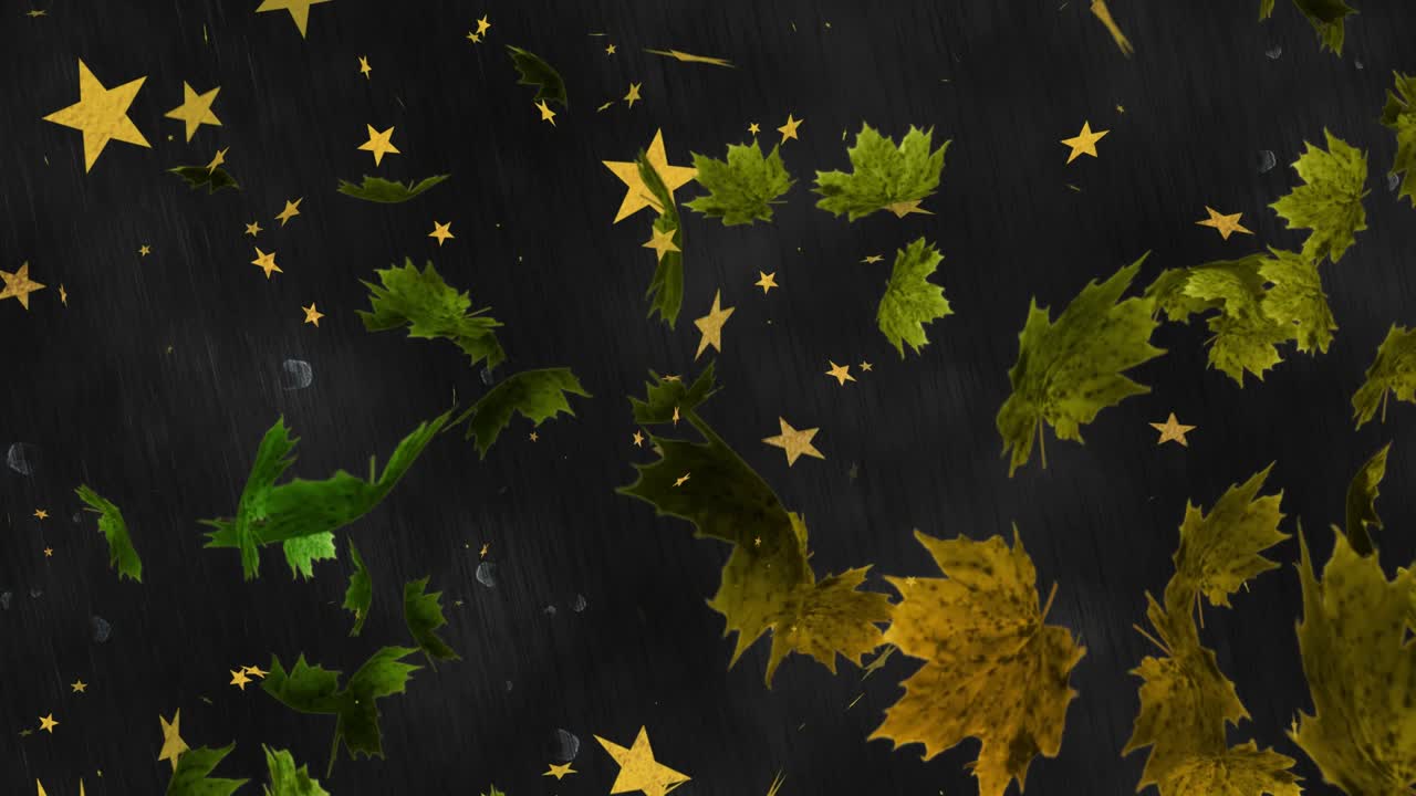Golden stars and maple leaves appearing then drifting and swirling into vortex for shimmering scene
