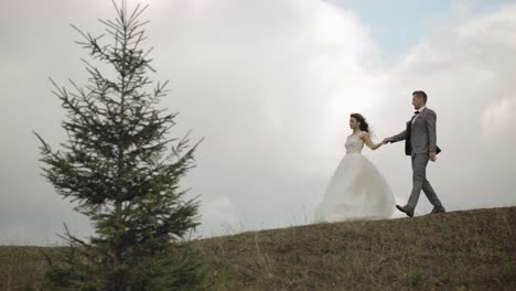 Lovely-young-newlyweds-bride-groom-walking-on-mountain-slope,-holding-hands,-wedding-couple-family