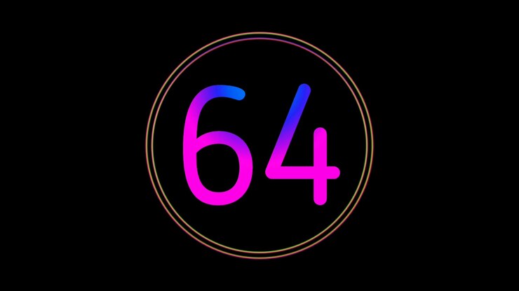 Animazione Numero Neon 64, Bagliore Tremolante, Gradiente Blu Rosa, Digitale Futuristico, Loop Numerico LED, Tecnologia Astratta in Luce Circolare, Motion Graphics, Moderno Minimale, Sfondo Nero.