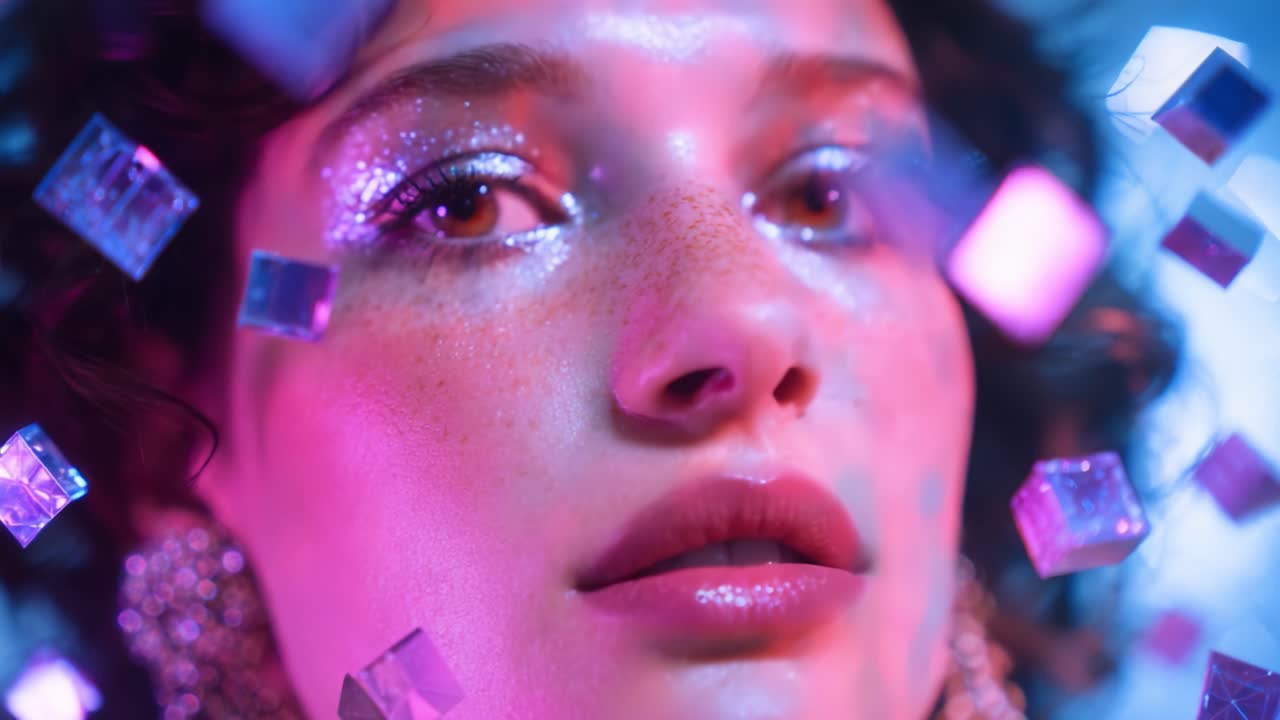 An Ethereal Portrait of a Woman Surrounded by Glimmering Cubes and Vibrant Colors, Capturing the Essence of Modern Beauty and Glamour with a Hypnotic Depth and Mesmerizing Light Play