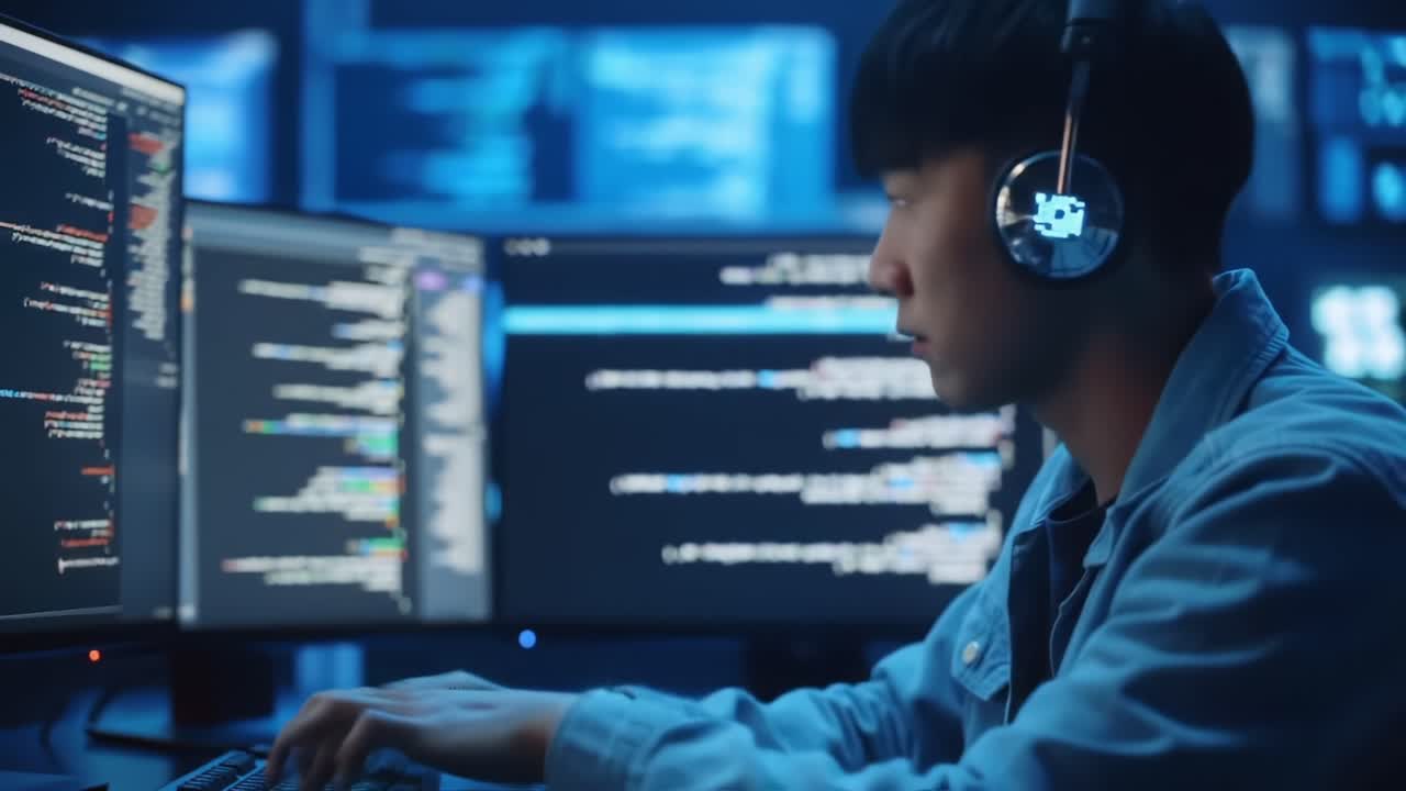 Focused Programmer Analyzing Code on Multiple Monitors in a Dimly Lit Tech Environment, Emphasizing the Intensity of Software Development and Coding Work