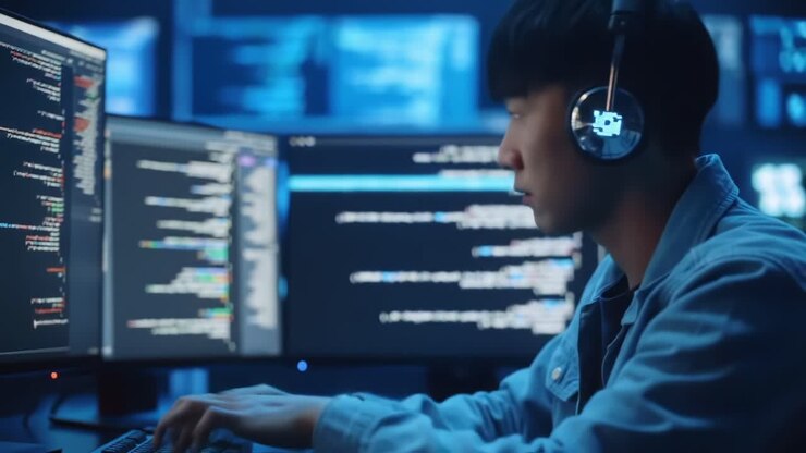 Focused Programmer Analyzing Code on Multiple Monitors in a Dimly Lit Tech Environment, Emphasizing the Intensity of Software Development and Coding Work
