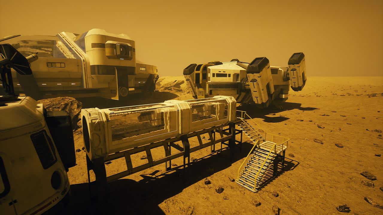 Exploration base on a distant planet with futuristic vehicles and habitats
