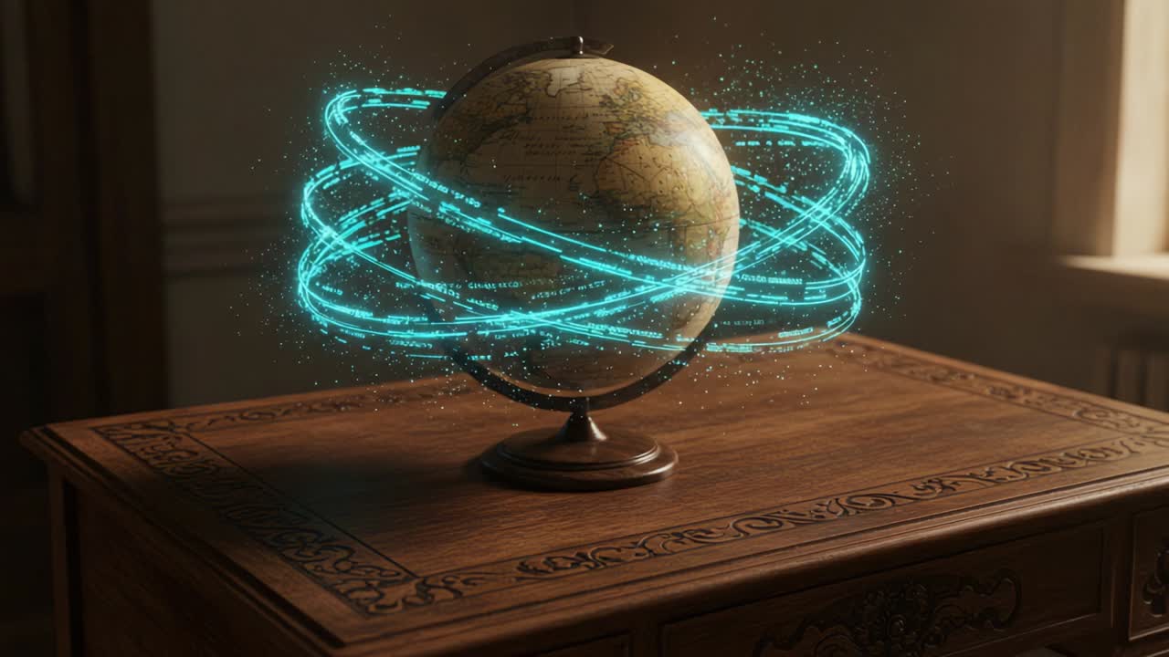 A Glowing Globe with Dynamic Orbits: An Artistic Representation of Earth Surrounded by Luminous Particle Trails, Merging Geography and Technology in a Captivating Display