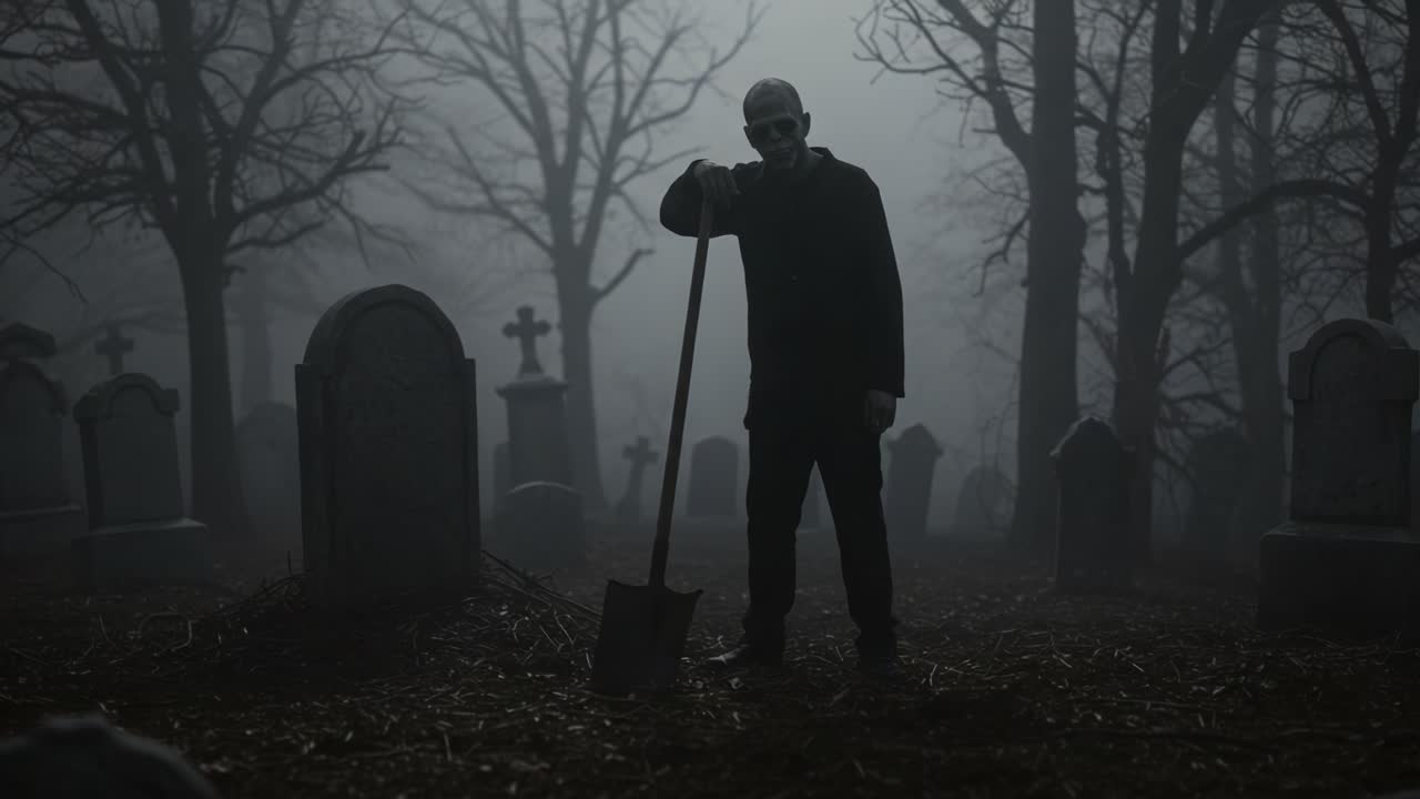 A Sinister Figure in a Foggy Graveyard: An Eerie Encounter Amidst Tombstones and Shadows, Revealing the Haunting Atmosphere of the Unknown