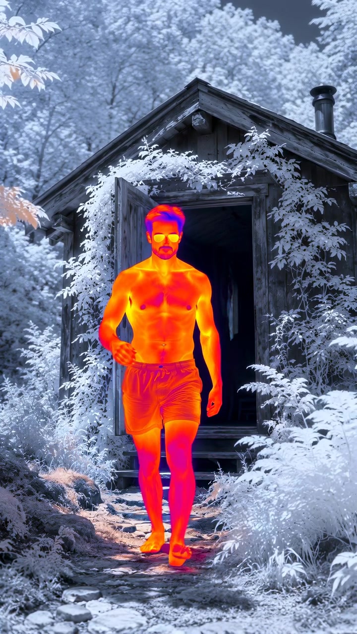 Skjorteløs voksen mann går fremover fra en rustikk hytteinngang i termisk falsk farge, med mørkt interiør bak ham, blek vinterskog rundt ham, og sterk oransje, rød, magenta kontrast mot kjølige farger