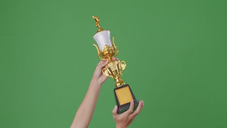 hand holding a trophy against a green screen