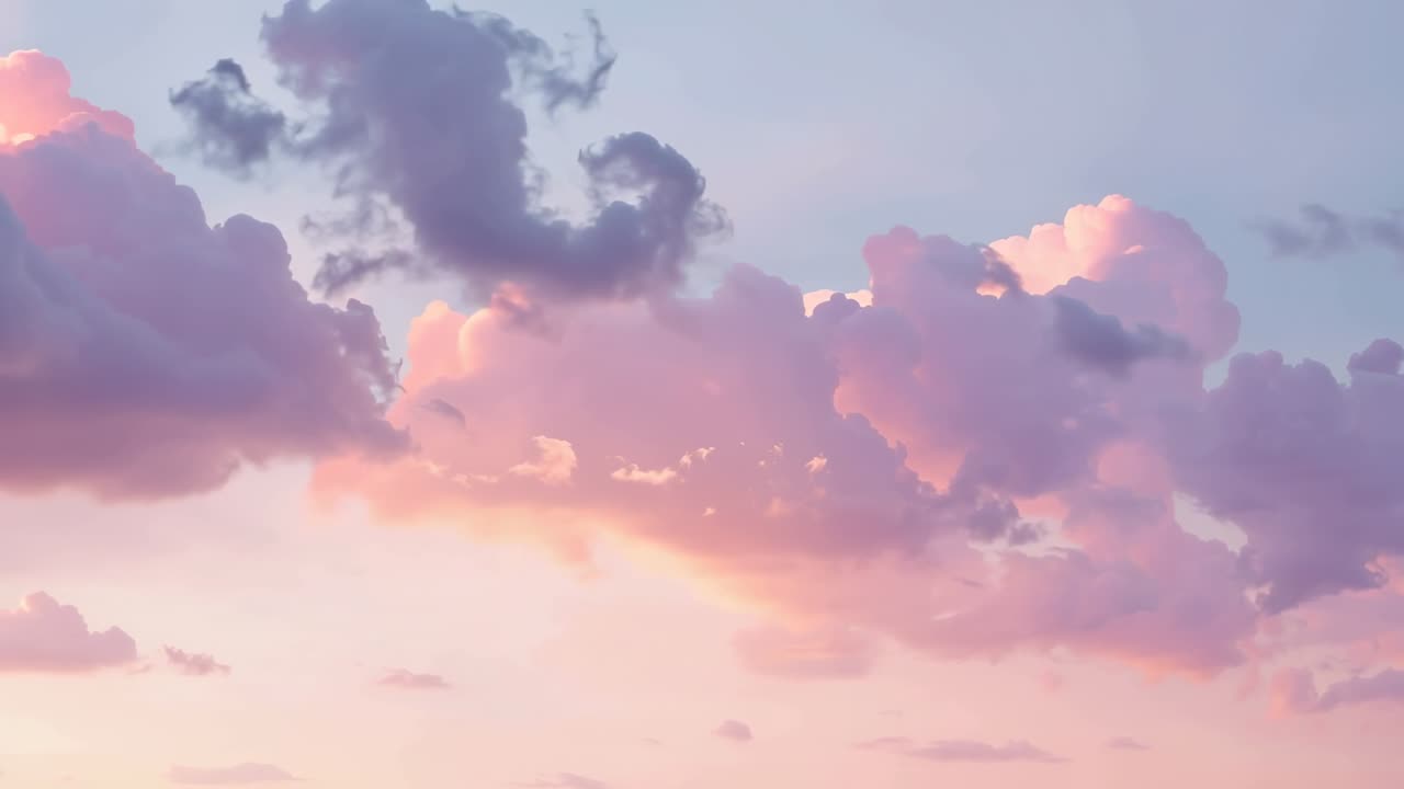 Drifting pink cumulus bank reshaping under low-angle sunset light, shedding wisps, revealing moon