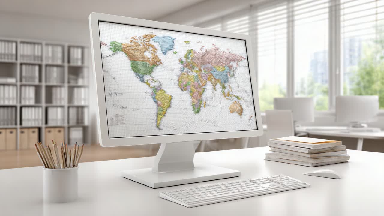 A Modern Workspace Featuring a Colorful World Map Displayed on a Sleek Computer Monitor, Capturing the Essence of Global Exploration and Knowledge