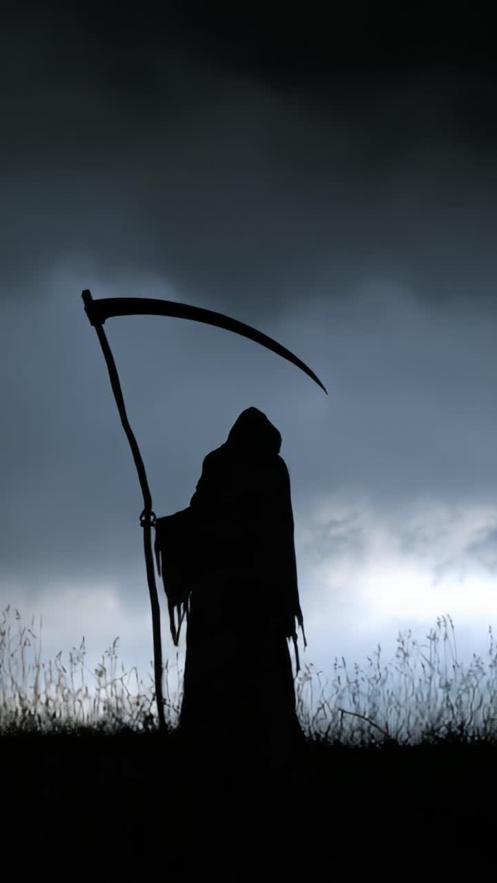 Una Figura Oscura Tra Nuvole Minacciose: La Presenza Spettrale della Morte Catturata in Silhouette con Falce Contro il Cielo Tempestoso.