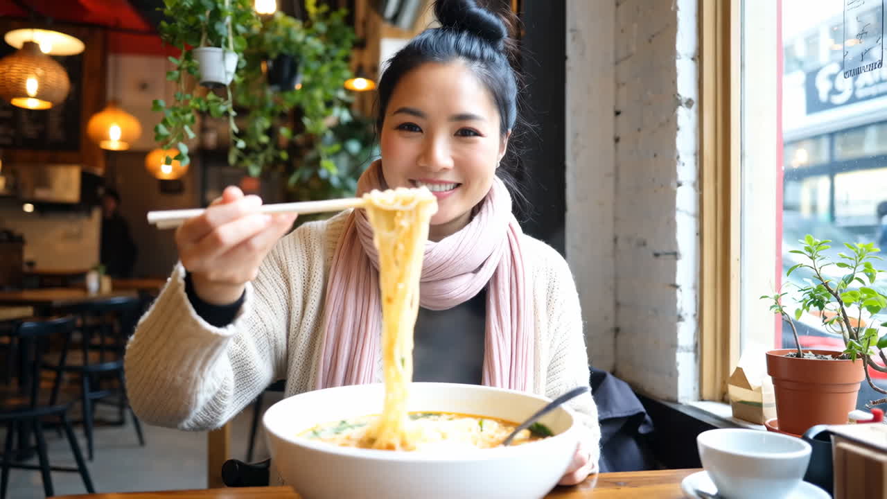 Woman eating ramen noodles with chopsticks in a restaurant