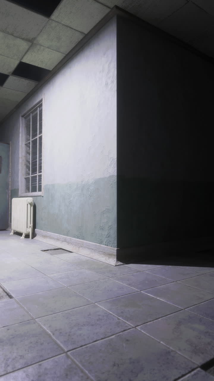 Mysterious dimly lit hallway in abandoned building at night time