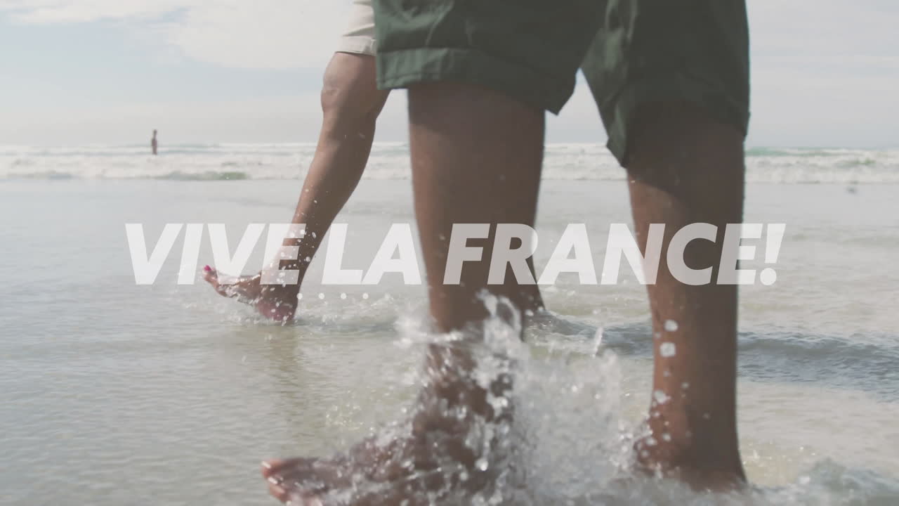 caminando en aguas poco profundas, viva francia animación de texto sobre la escena de la playa