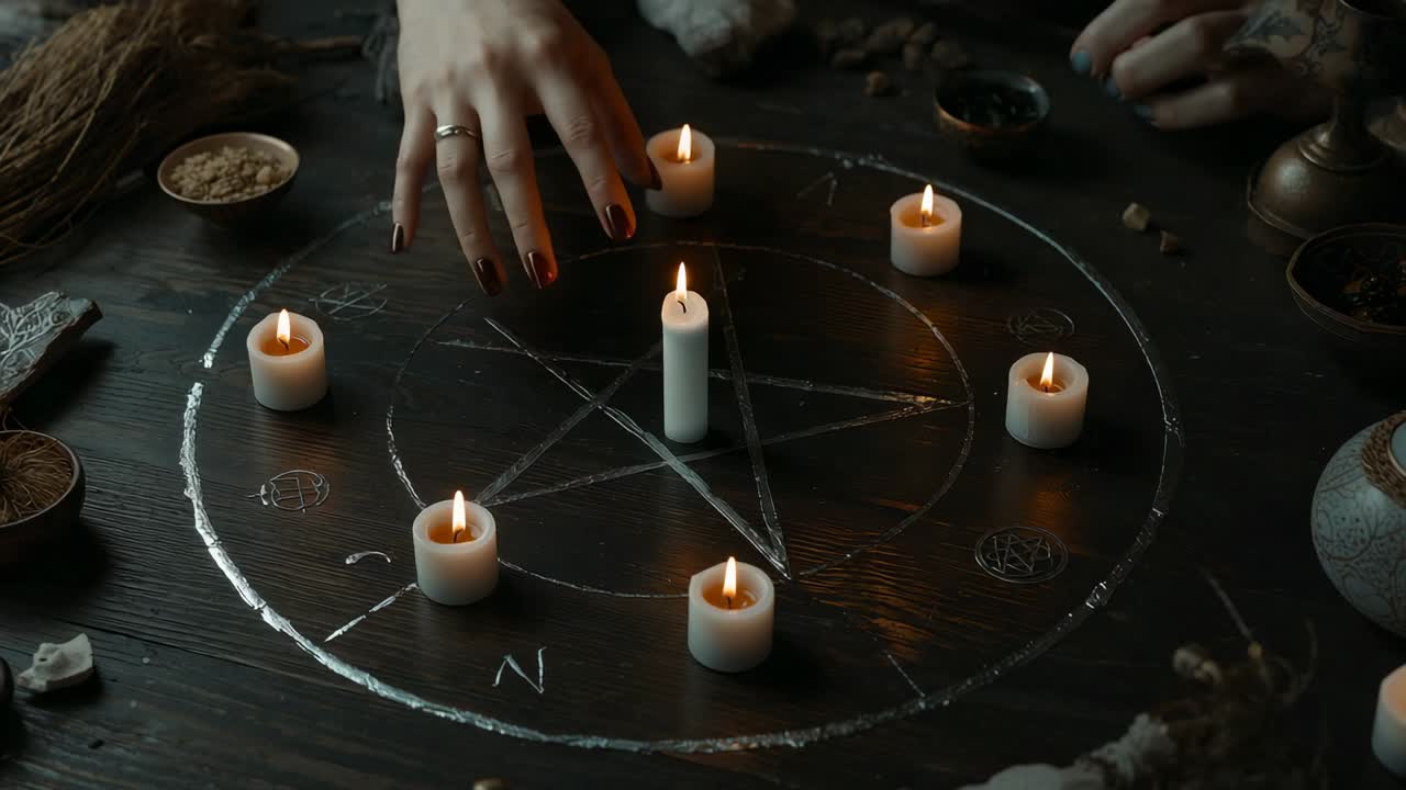 Entering left red-nailed hand hovering candle on pentagram, other hand appearing for ritual