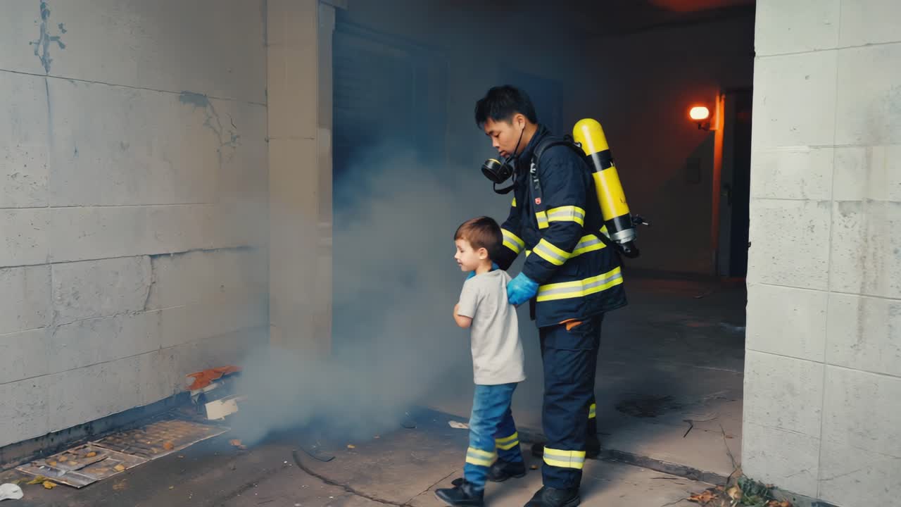 Firefighter rescuing child from smoke