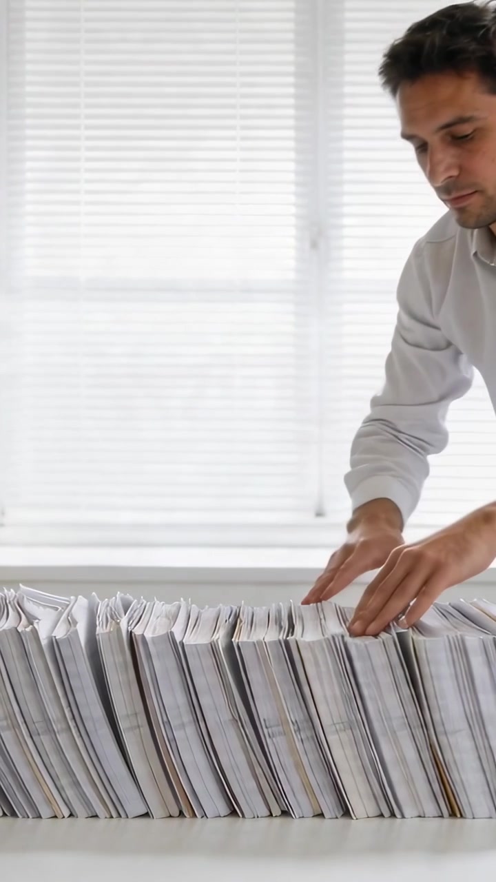Vertical video: Leaning man in white shirt aligning papers for uniform edges by blinds, copy space