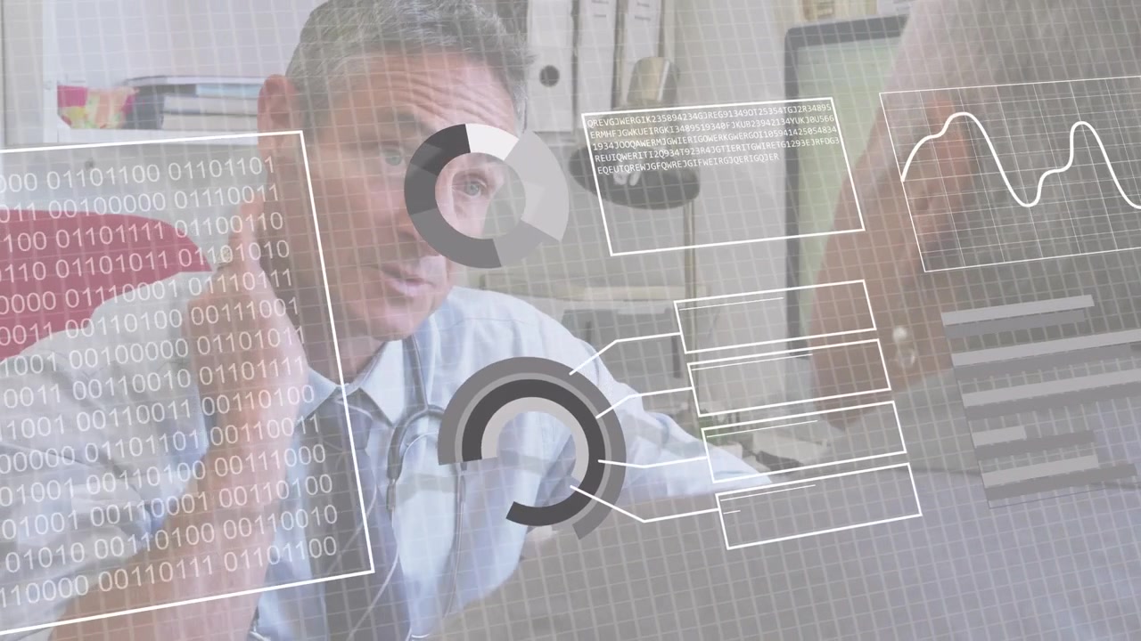Un medico si sporge in avanti e gesticola, avviando grafici HUD mentre il paziente ascolta e rivede la cartella clinica elettronica (EHR).