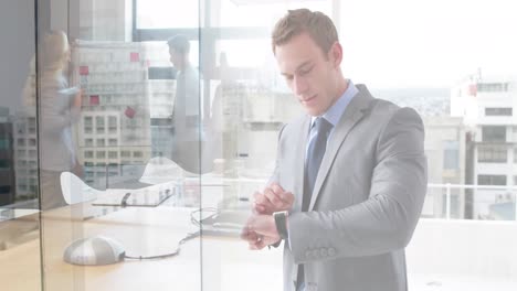 animation of caucasian businessman in office over cityscape