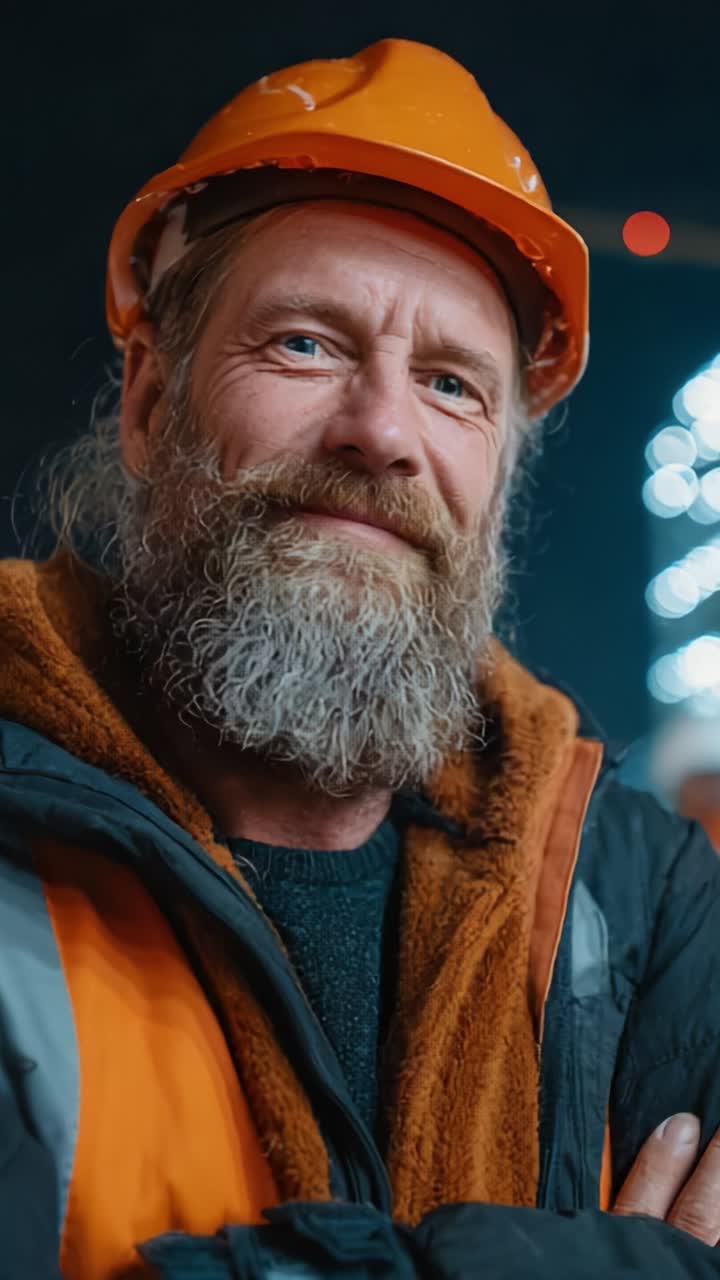 A confident construction worker with a beard and hard hat displays a warm smile while showcasing his commitment to safety and dedication to his craft in a dynamic work environment
