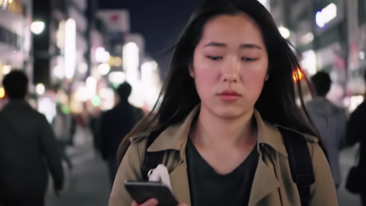 Young Woman Walking in Tokyo at Night