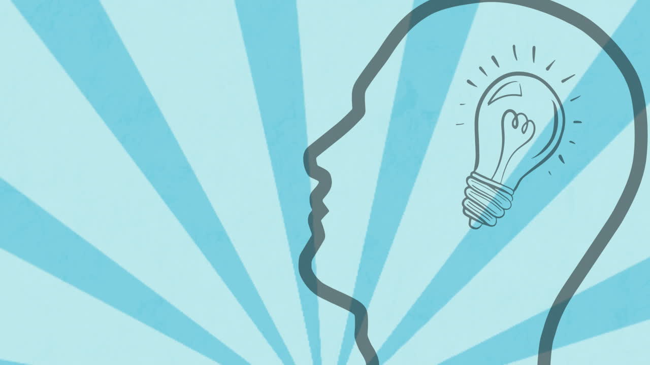 animación del cerebro humano con bombilla sobre rayas girando