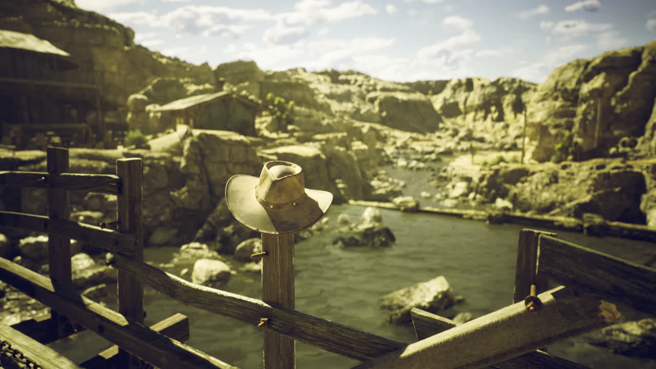 Cowboy hat rests on fence overlooking serene river landscape in rustic setting