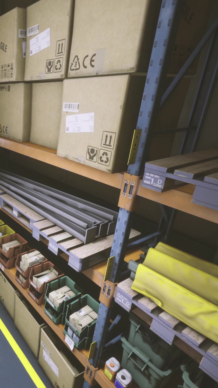 Storage area with shelves filled with boxes and materials at a warehouse