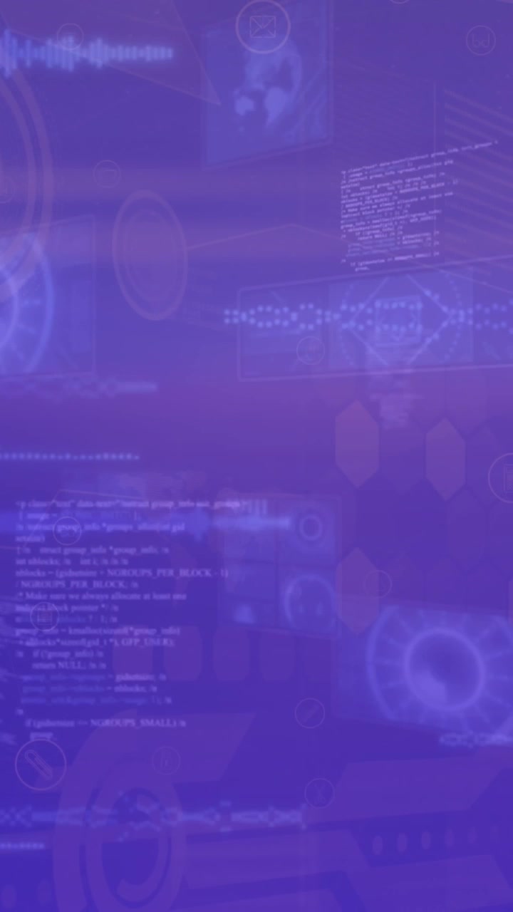 Animation of circles, radars, soundwaves, globes over computer language on abstract background