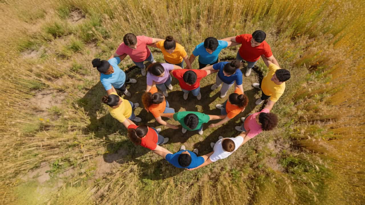 Kelompok berpegangan tangan membentuk hati di padang rumput saat kamera naik, menciptakan visual iklan udara.