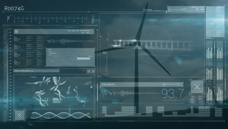 Animation-of-data-processing-over-wind-turbine-and-sky-with-clouds