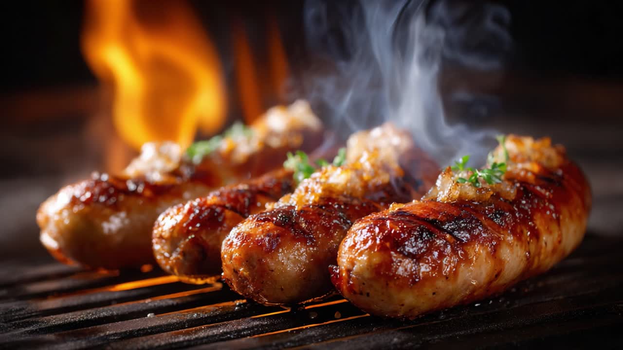 Salsicce sfrigolanti grigliate su fiamme con erbe aromatiche e sapore affumicato, perfette per il tuo prossimo barbecue e delizia culinaria.