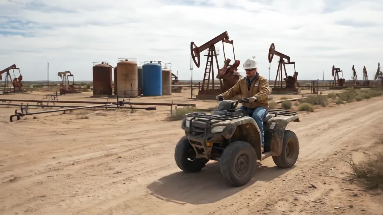 Worker Riding ATV and Inspecting Oil Pumpjack in Desert