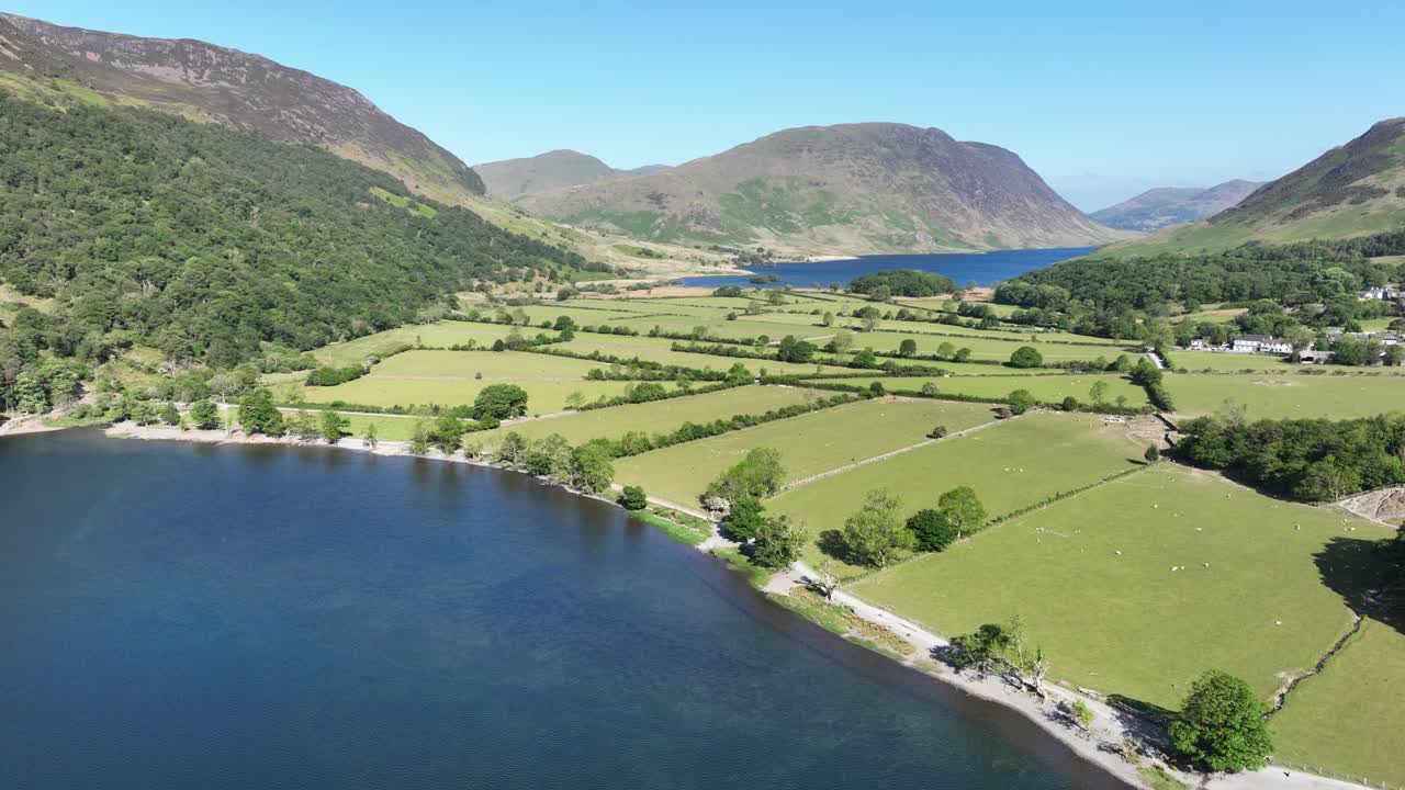 Aerial view of Buttermere valley, village and Crummock Water