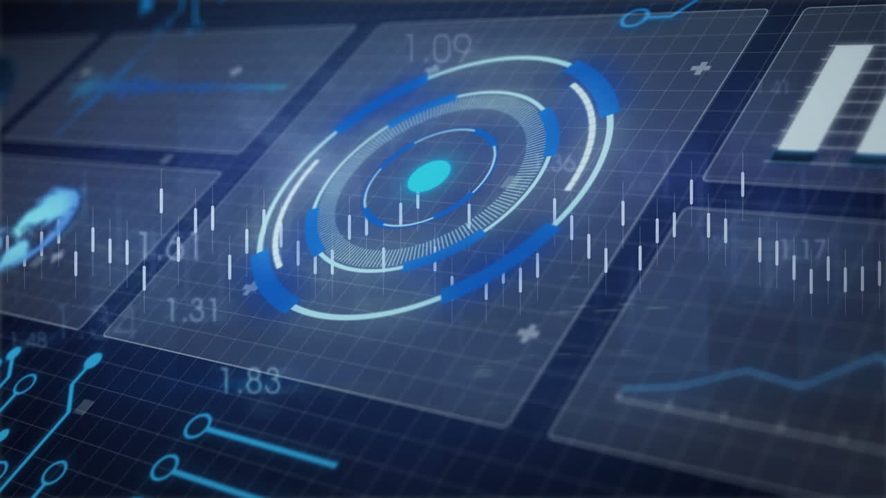 디지털 인터페이스를 통해 그래프와 차트와 함께 금융 데이터 분석 애니메이션