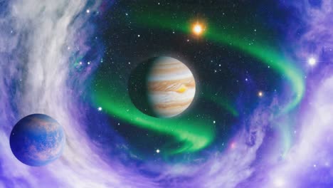 cosmic planets and green nebula in space
