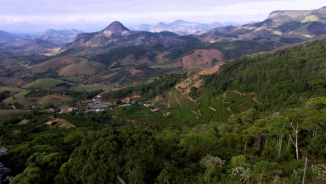 Volando-A-Lo-Largo-De-Montañas-Con-Selva-Tropical-Y-Plantaciones-De-Café-En-Brasil,-Aéreo