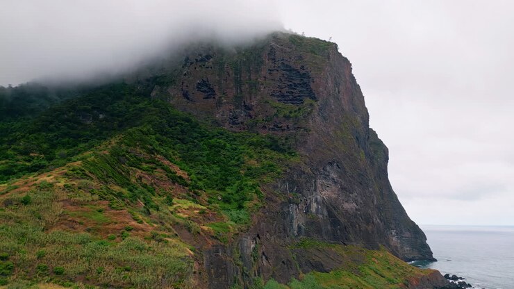 Roccia robusta che sovrasta la vista aerea sull'acqua dell'oceano. Vegetazione che cresce sulla costa